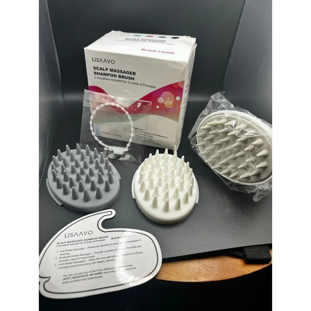 NWT Scalp Massager Shampoo Brush With 3 Scrubbers For Level Of Firmness